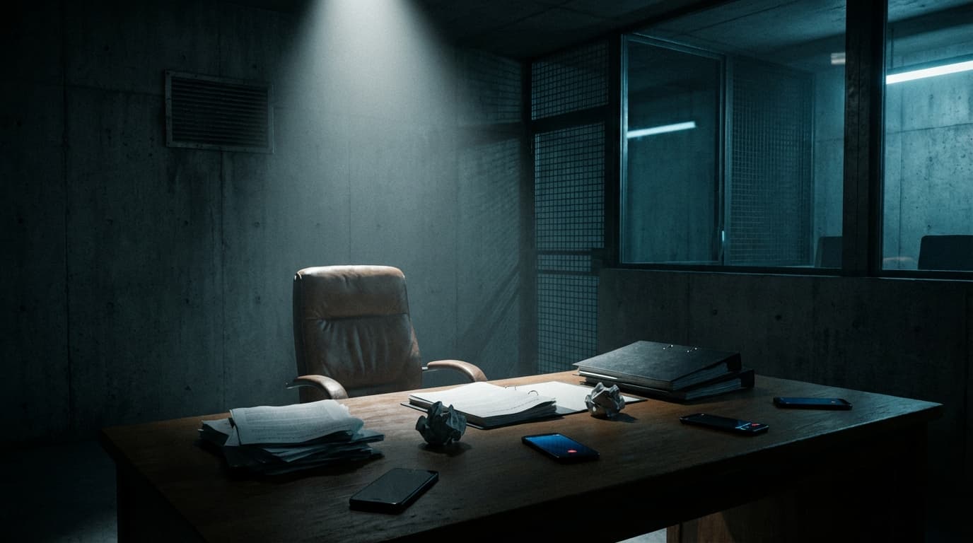 Dark atmospheric high-security courtroom with empty defense chair and scattered legal documents - Inez Weski criminal defense lawyer trial
