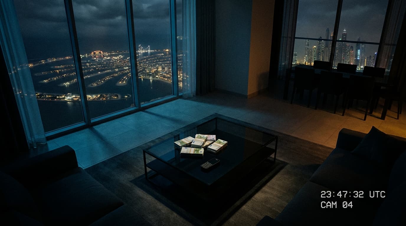 Surveillance view of luxury Dubai apartment with cash on table and Palm Jumeirah skyline - Albanian cocaine trafficking organization headquarters