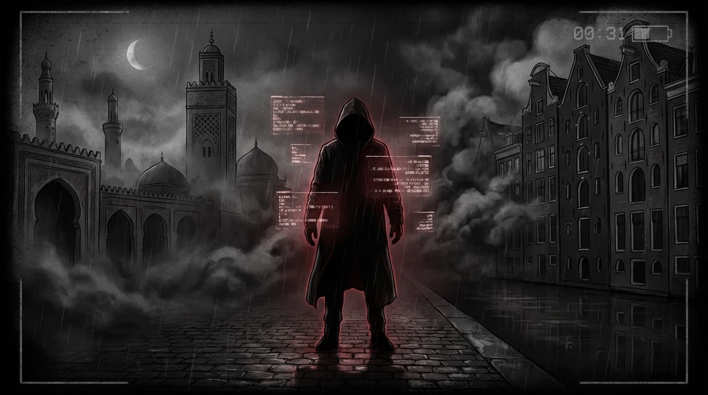 Shadowy figure between Moroccan and Dutch cityscapes with encrypted phone screens - Ismail M Jarki intermediary in Taghi network